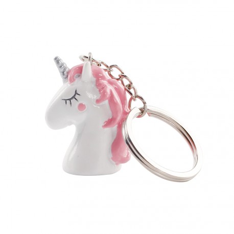 Porte-clefs tête de licorne rose et blanche